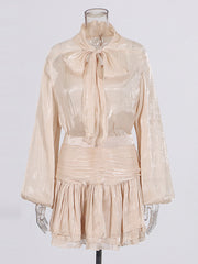 Lace-up Bow Puff Sleeve Top Pleated Skirt Sets