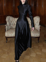 Sexy Stand Collar Long Sleeve Back Zipper Casual Dress