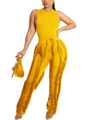 Casual Sleeveless Bodysuit Tassels Pants Set