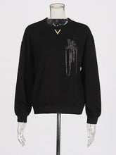 Round Neck Casual Loose Rhinestone Decor Hoodie