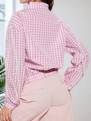 Casual Lace Bow Embellishment Plaid Zip Shirt Top