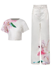 Round Neck Print T shirt Wide Leg Pants Sets