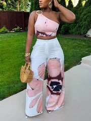 Sexy Print Crop Tops Wide Leg Pants Set