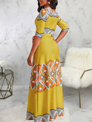 Fashion Round Neck Print Lace-up Maxi Dress