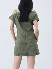 Patchwork One-shoulder Fitted Denim Short Sleeve Dress