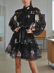 Fashion Print Lapel Puff Sleeve Lace-Up Dress