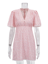Casual V Neck Print Puff Sleeve High Waist Mini Dress