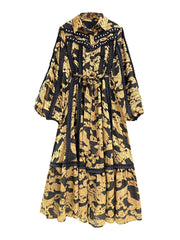 Elegant Turn-down Collar Print Lace-up Maxi Dress