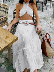 Fashion High Waist Lace Floral Ruffles Maxi Skirt