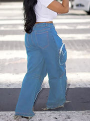High Waist Denim Patchwork Straight Cargo Jeans