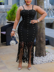 Sexy Fringe Trim Spaghetti Strap Midi Dress