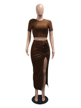 Elegant O-neck Crop Top and Split Long Skirt Slim Set