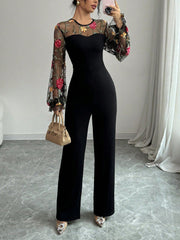 Floral Embroidery Patchwork Lantern Sleeve Jumpsuit