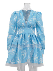 Sexy Deep V Lantern Sleeve Cinched Waist Mini Dress