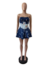 Strapless Print Elasticity Ruffle Denim Dress