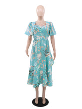 Fashion Print Square Neck Slim Split Midi Dress