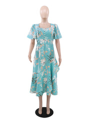 Fashion Print Square Neck Slim Split Midi Dress