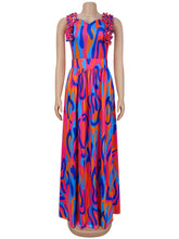 Elegant Print V Neck Ruffled Contrast Color Maxi Dress