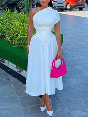 Solid Slash Shoulder Short Sleeve Midi Dress