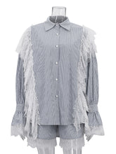 Striped Lace Patchwork Flare Sleeve Top And Shorts Sets