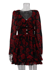 Elegant V-Neck Button High Waist Ruffles Mini Dress