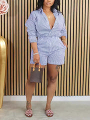 Casual Stripe Button Down Shirt And Shorts Sets