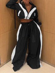 Casual Zipper Sweatshirt Wide Leg Pants Set