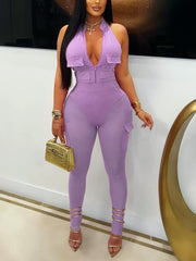 Sexy V-neck Halter Bodysuit and Mesh Pants Set