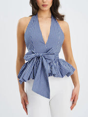 Fashion Checkered Bubble Hem Halter Top