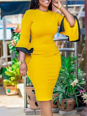 Round Collar Flared Sleeve Slim Dress