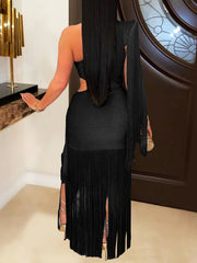Sexy One-Shoulder Tassel Hollow Maxi Dress