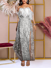 Sexy Strapless Sequin Leafy Fringe Maxi Dress