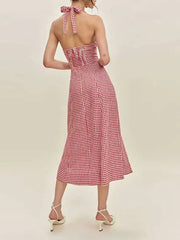 Elegant Plaid Halter Backless Vacation Slit Midi Dress