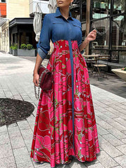 Casual Denim Patchwork Print Maxi Dress