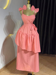 Elegant Heart Neck Bow-Strap Tiered Dress