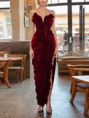 Elegant Strapless Leaf Detail Suede Maxi Dress