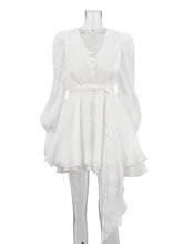 Elegant V Neck Bubble Sleeve Ruffled Mini Dress