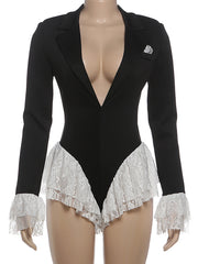 Sexy V Neck Lace Patchwork Bodysuit Romper