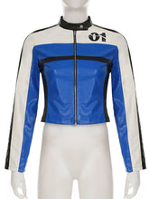 Digital Print Contrast Zipper Crop PU Leather Jacket