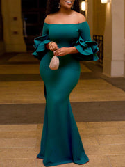 Off Shoulder Ruffles Sleeve Slim Party Dress