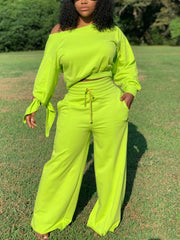 Casual Oblique Shoulder Tops High Waist Trousers Set
