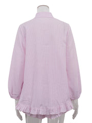 Striped Lapel Bubble Sleeve Ruffle Shorts Set