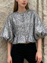 Round Neck Sequin Puff Sleeve Cardigan Top