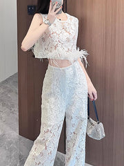 Fashion Embroidered Feather Crop Top Wide Leg Pants Set