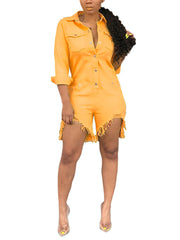 Fashion Turn Down Collar Denim Romper