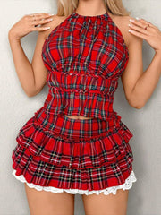 Sexy Backless Lace-up Low Waist Plaid Mini Skirt Set
