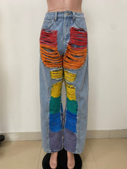 Fashion Gradient Color Ripped Straight Jeans