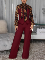 Fashion Leopard Print Patchwork Tied-Neck Slim Jumpsuit