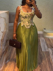 Fashion Cinched Waist Top Pleated Long Skirt Sets