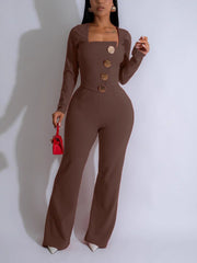 Fashion Patchwork Big Button Long Sleeve Jumpsuit